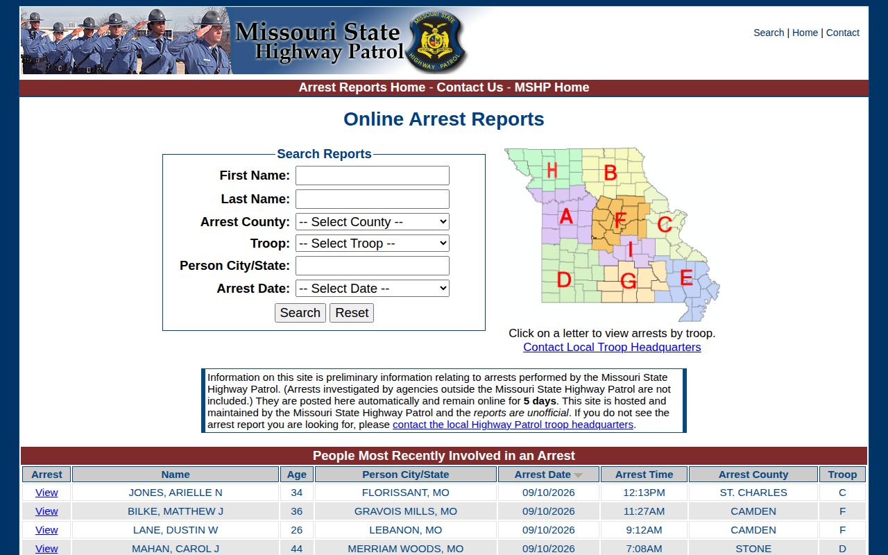 Missouri State Highway Patrol arrest search fields and five-day notice