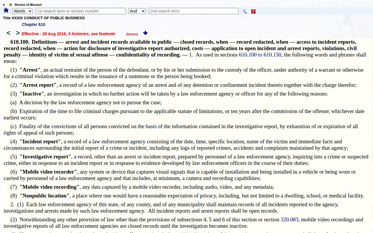 Missouri Revised Statutes section 610.100 official page on arrest and incident reports