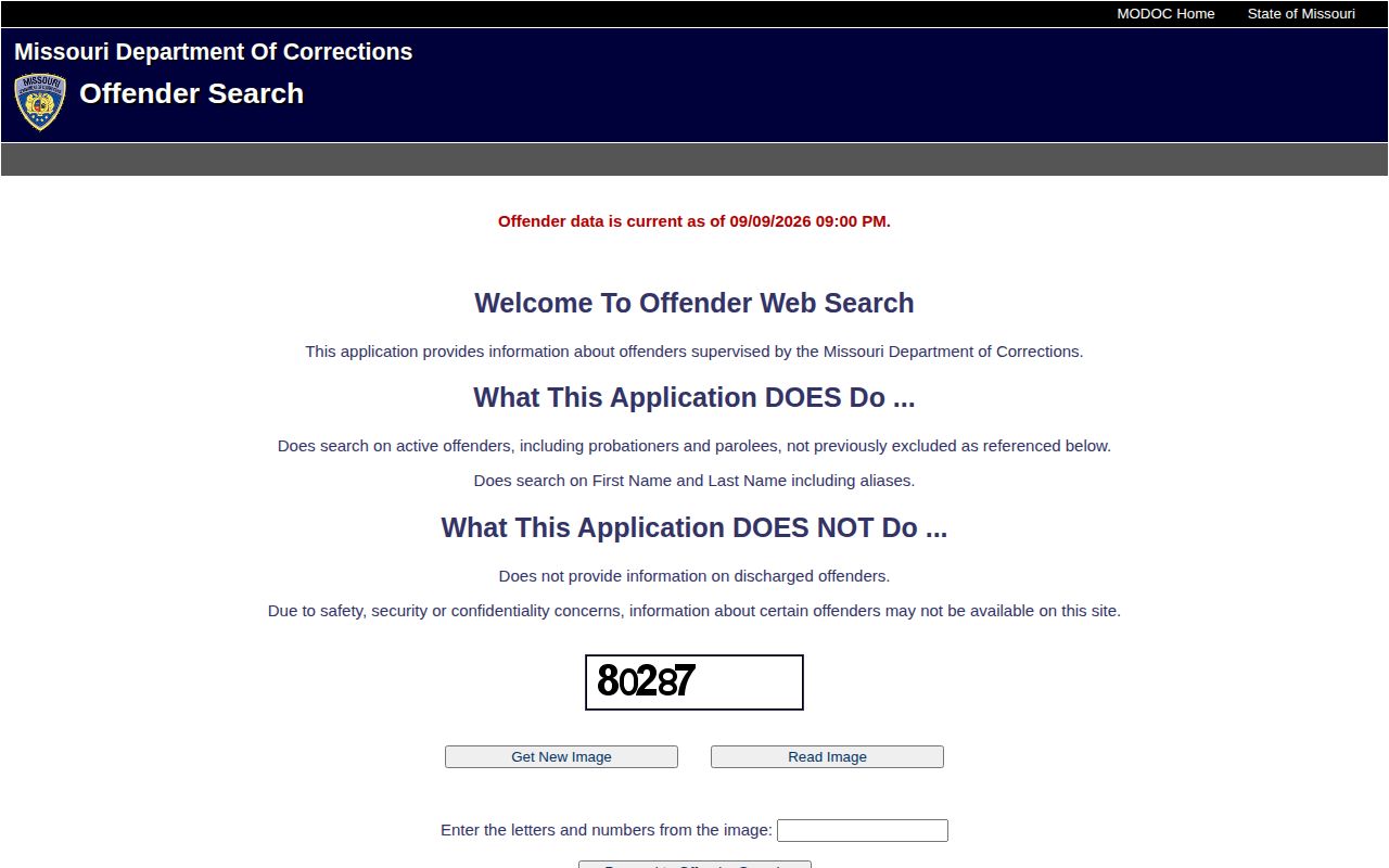 Missouri Department of Corrections active offender search page