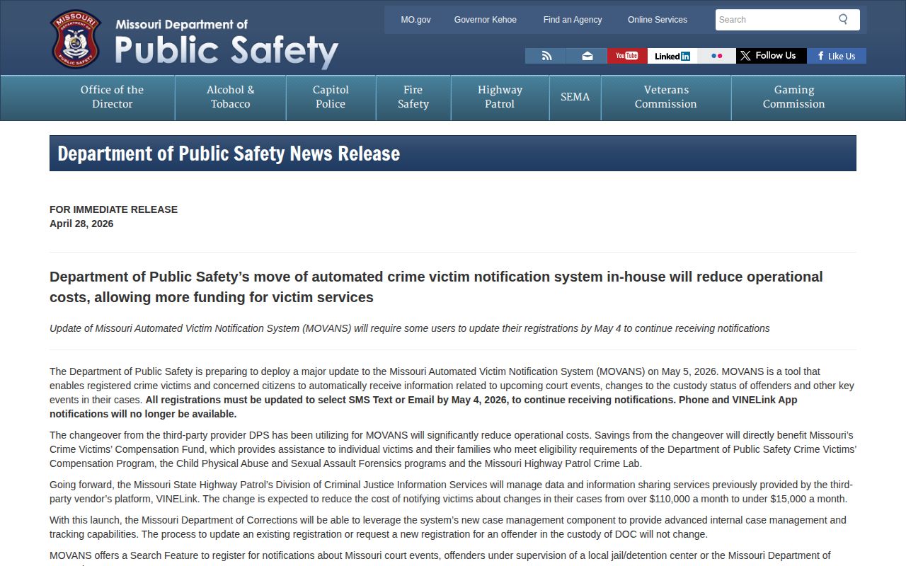 Missouri DPS MOVANS notification transition announcement