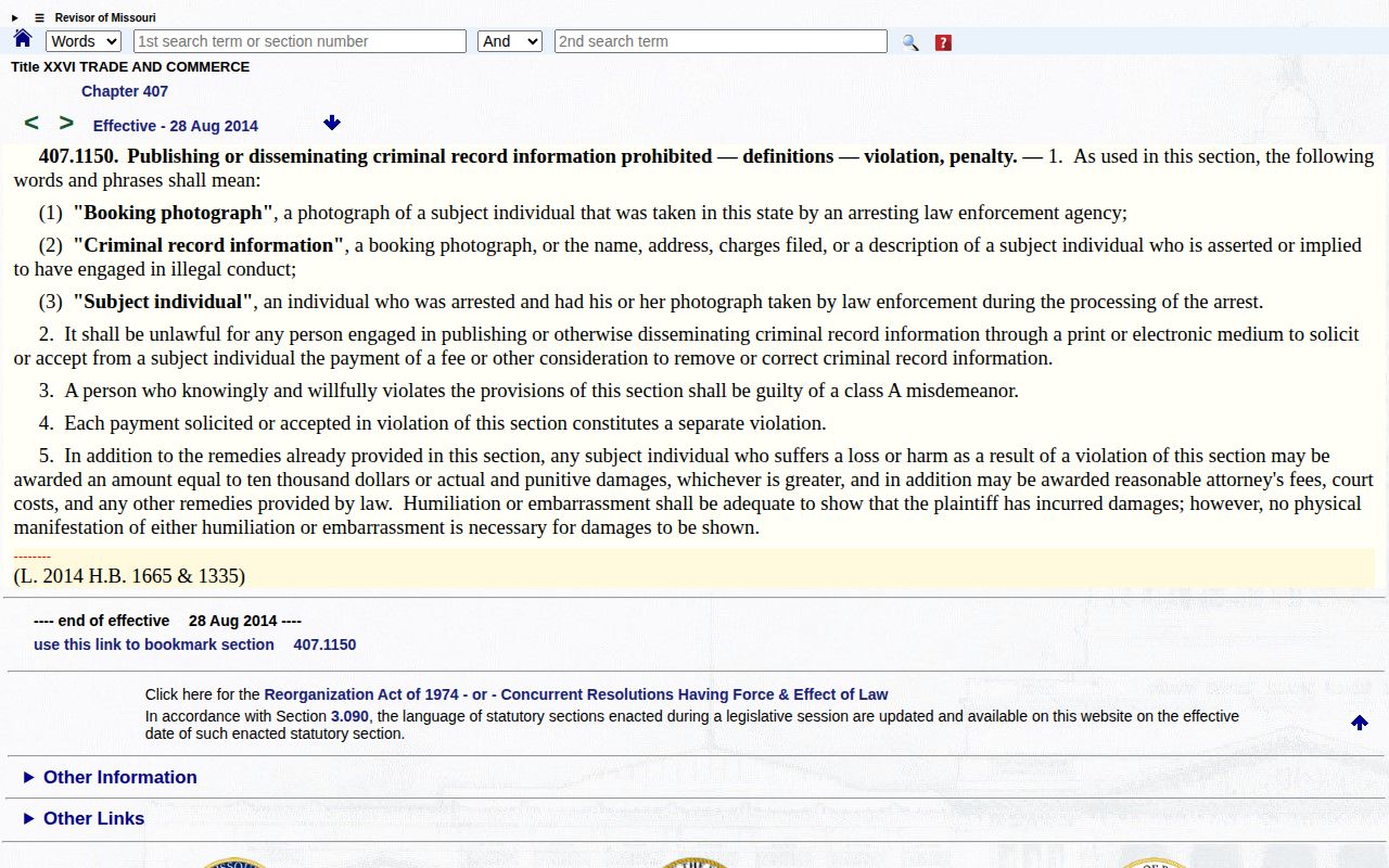 Missouri section 407.1150 page addressing payment for booking record removal
